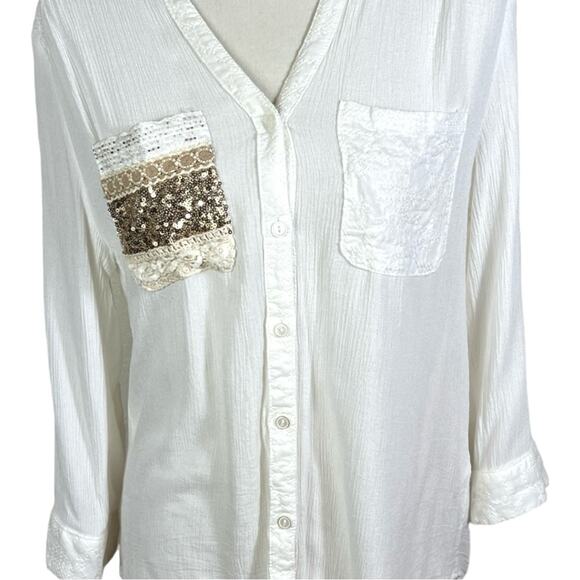 Miss Me Embellished Beaded Sequin Pocket Embroidered Gauze Button Down Size L - Picture 4 of 11